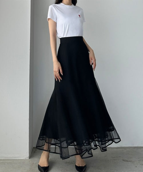 Louere Hem Piping Tulle Mermaid Skirt | Elegant Layered Sheer Maxi for Special Occasions