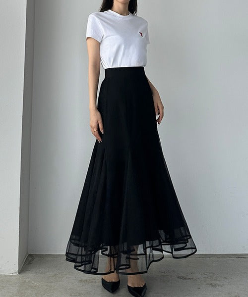 Louere Hem Piping Tulle Mermaid Skirt | Elegant Layered Sheer Maxi for Special Occasions