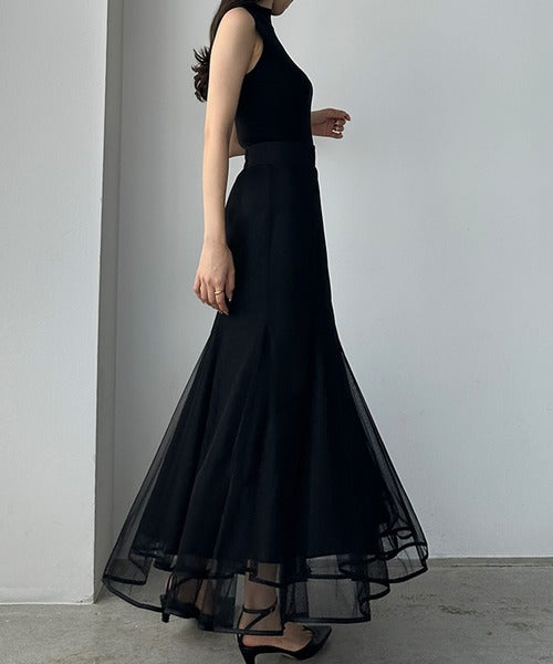 Louere Hem Piping Tulle Mermaid Skirt | Elegant Layered Sheer Maxi for Special Occasions