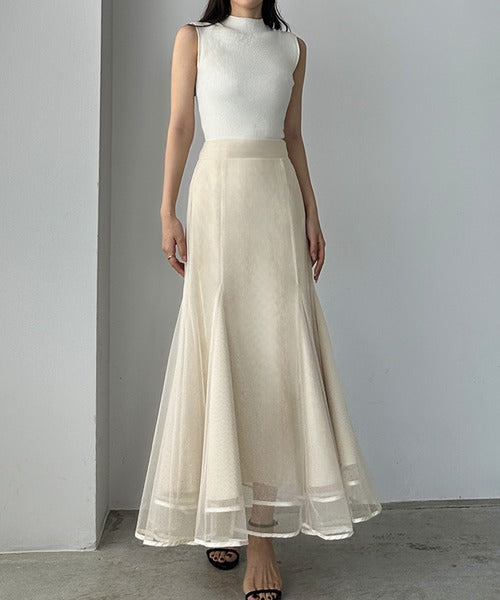 Louere Hem Piping Tulle Mermaid Skirt | Elegant Layered Sheer Maxi for Special Occasions