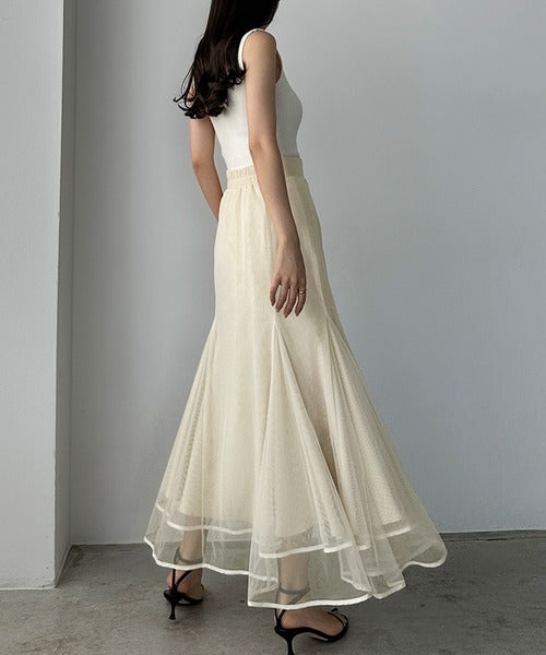 Louere Hem Piping Tulle Mermaid Skirt | Elegant Layered Sheer Maxi for Special Occasions
