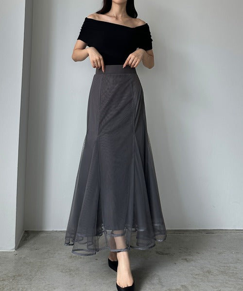 Louere Hem Piping Tulle Mermaid Skirt | Elegant Layered Sheer Maxi for Special Occasions