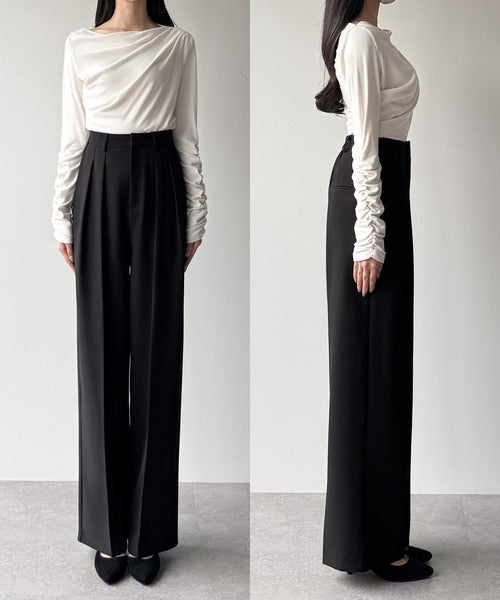 Louere Two-Tuck Slacks | Elegant Straight-Leg Pants with Back Elastic & Tall/Short Sizes