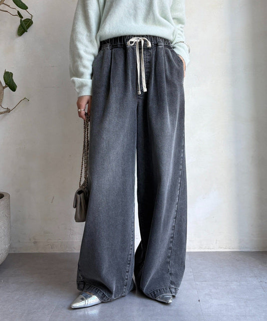 DOUDOU Denim Wide Easy Pants | Relaxed Fit with Tuck Detail & Elastic Waist