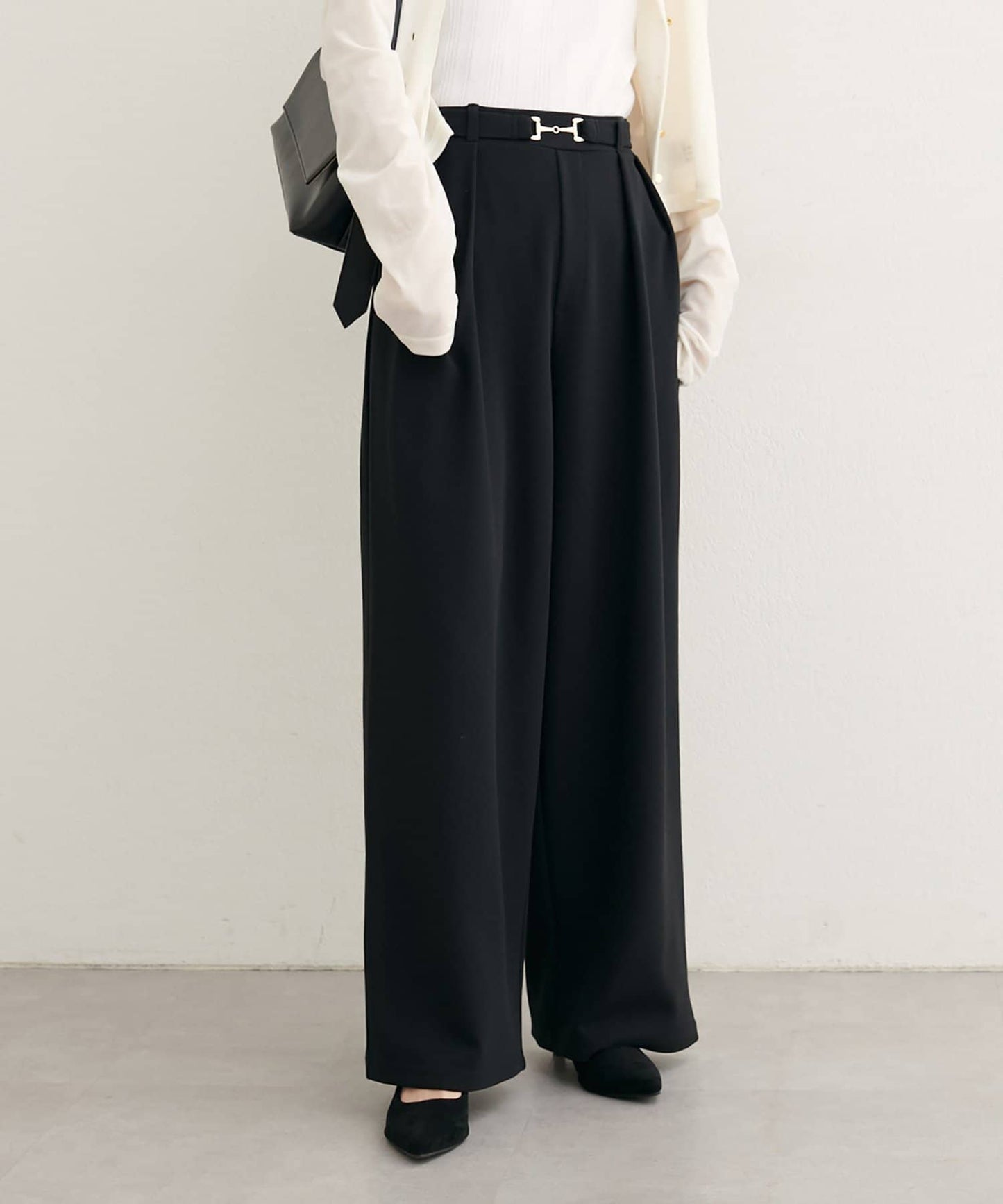 natural couture Bit Belt Stretch Pants | High-Waist Slim Straight Trousers with Gold Accent