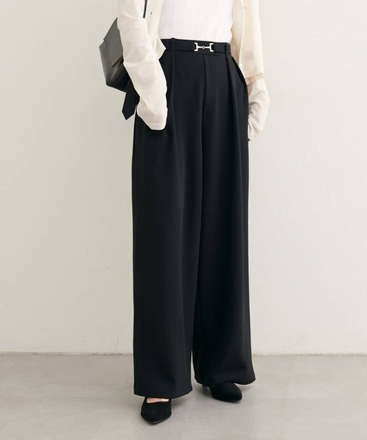 natural couture Bit Belt Stretch Pants | High-Waist Slim Straight Trousers with Gold Accent