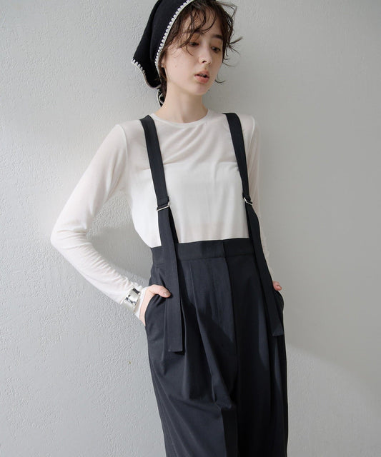 Whim Gazette “THE PAUSE” Suspender Pants  Washable Wool-Like Wide Trousers with 2-Tuck Design