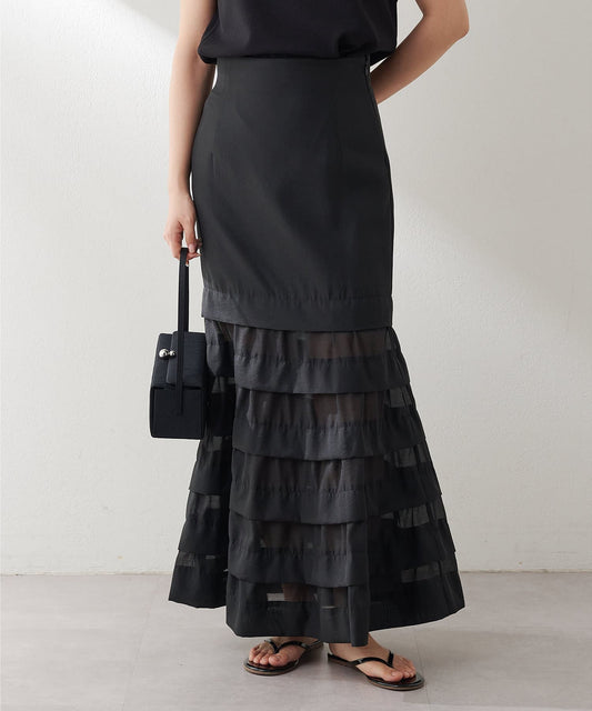 Whim Gazette Organza Mermaid Skirt 3  Elegant Sheer-Panel Long Skirt with Sculpted Silhouette