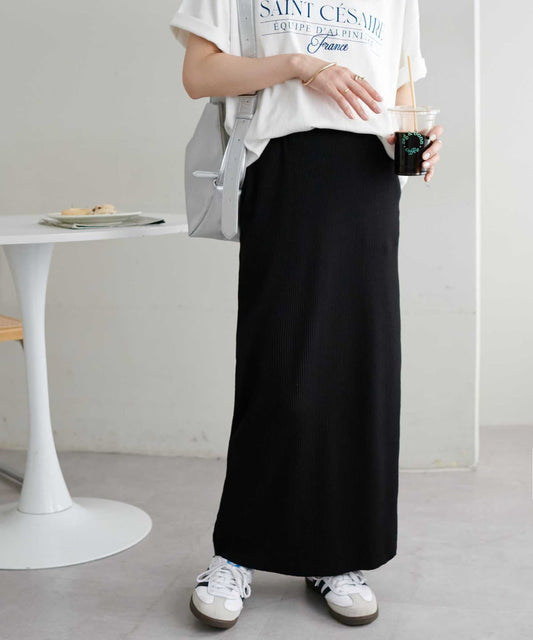 DISCOAT Rib Knit Narrow Skirt  Stretchy Slim Silhouette Skirt with Back Slit (WEB Limited)