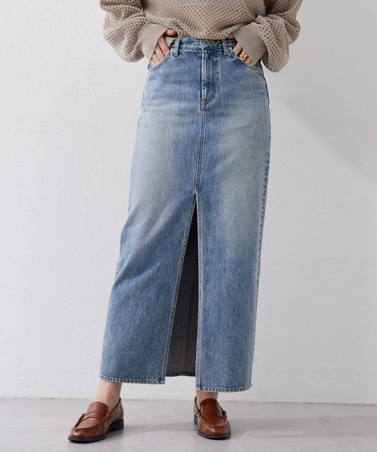 Whim Gazette Denim Slit Skirt  Timeless Long Silhouette with Modern Edge