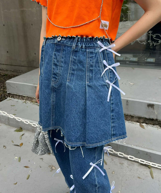 CIAOPANIC TYPY Satin Ribbon Denim Skirt  Girly Pleated Mini with Vintage Edge