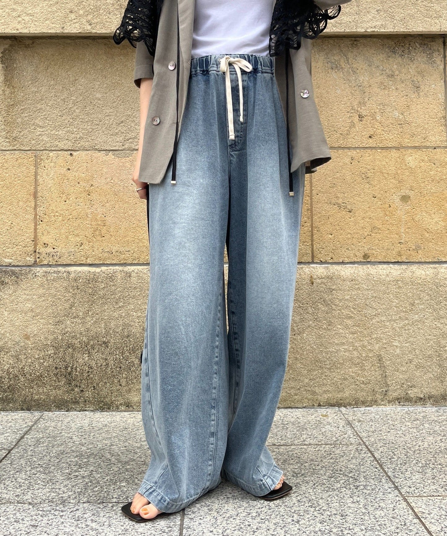 DOUDOU Denim Wide Easy Pants | Relaxed Fit with Tuck Detail & Elastic Waist