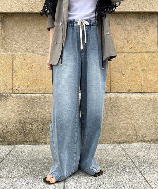 DOUDOU Denim Wide Easy Pants | Relaxed Fit with Tuck Detail & Elastic Waist