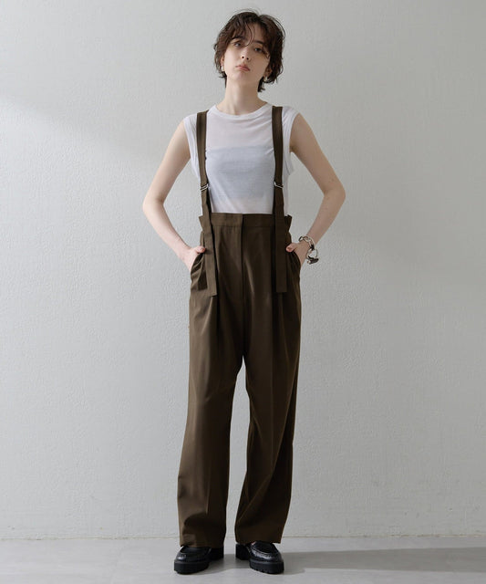 Whim Gazette “THE PAUSE” Suspender Pants  Washable Wool-Like Wide Trousers with 2-Tuck Design