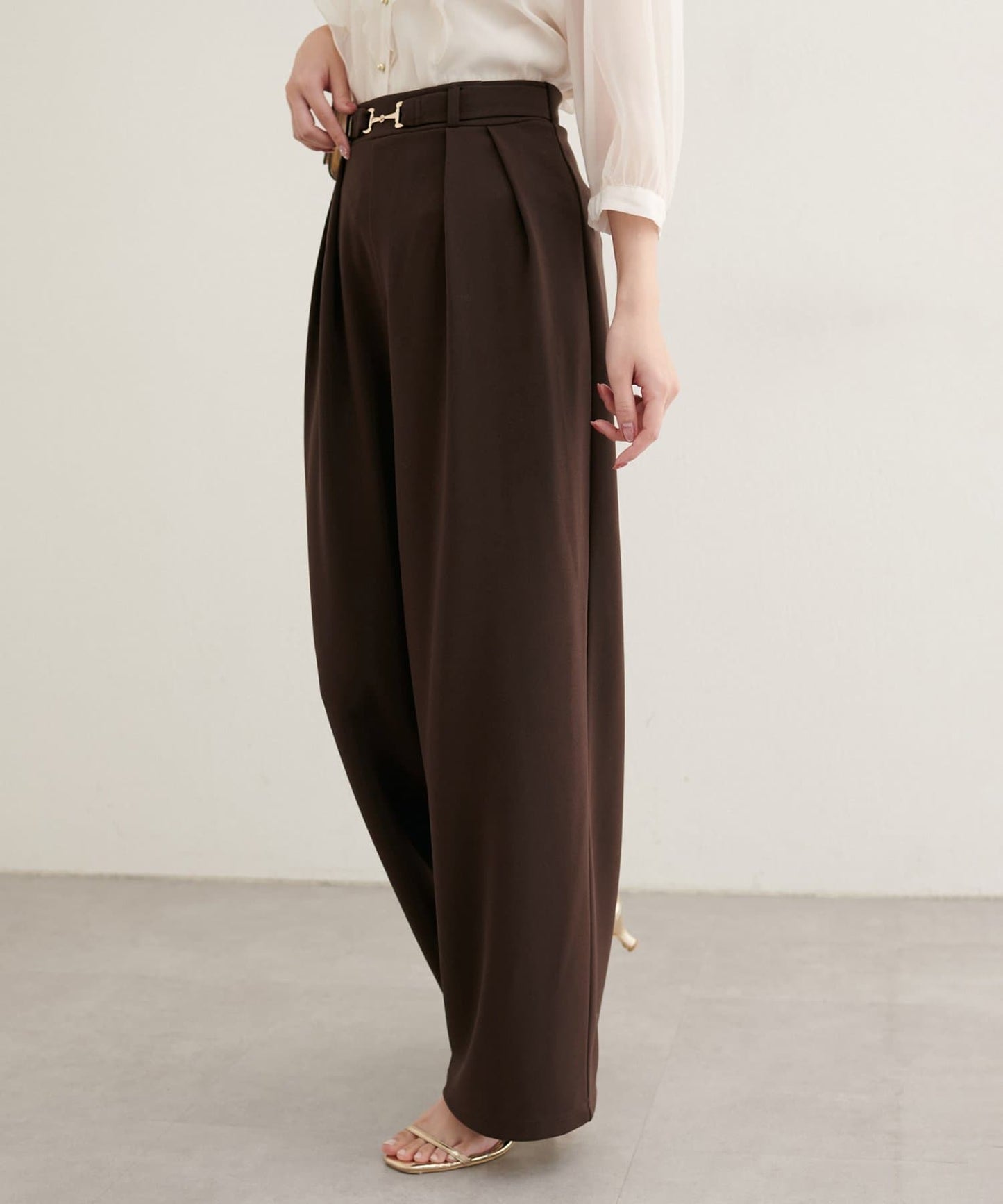 natural couture Bit Belt Stretch Pants | High-Waist Slim Straight Trousers with Gold Accent