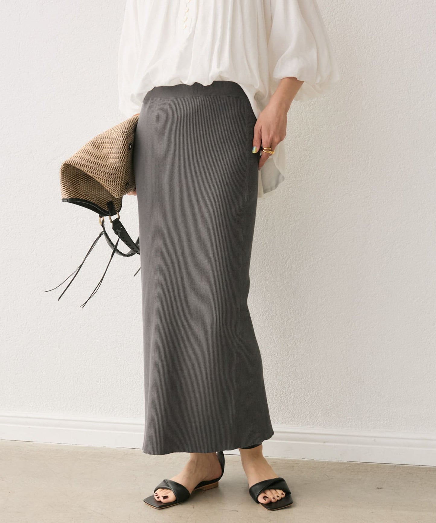 RIVE DROITE Rib Knit Tight Skirt  Minus 3kg Slim Look  High-Rated Comfort