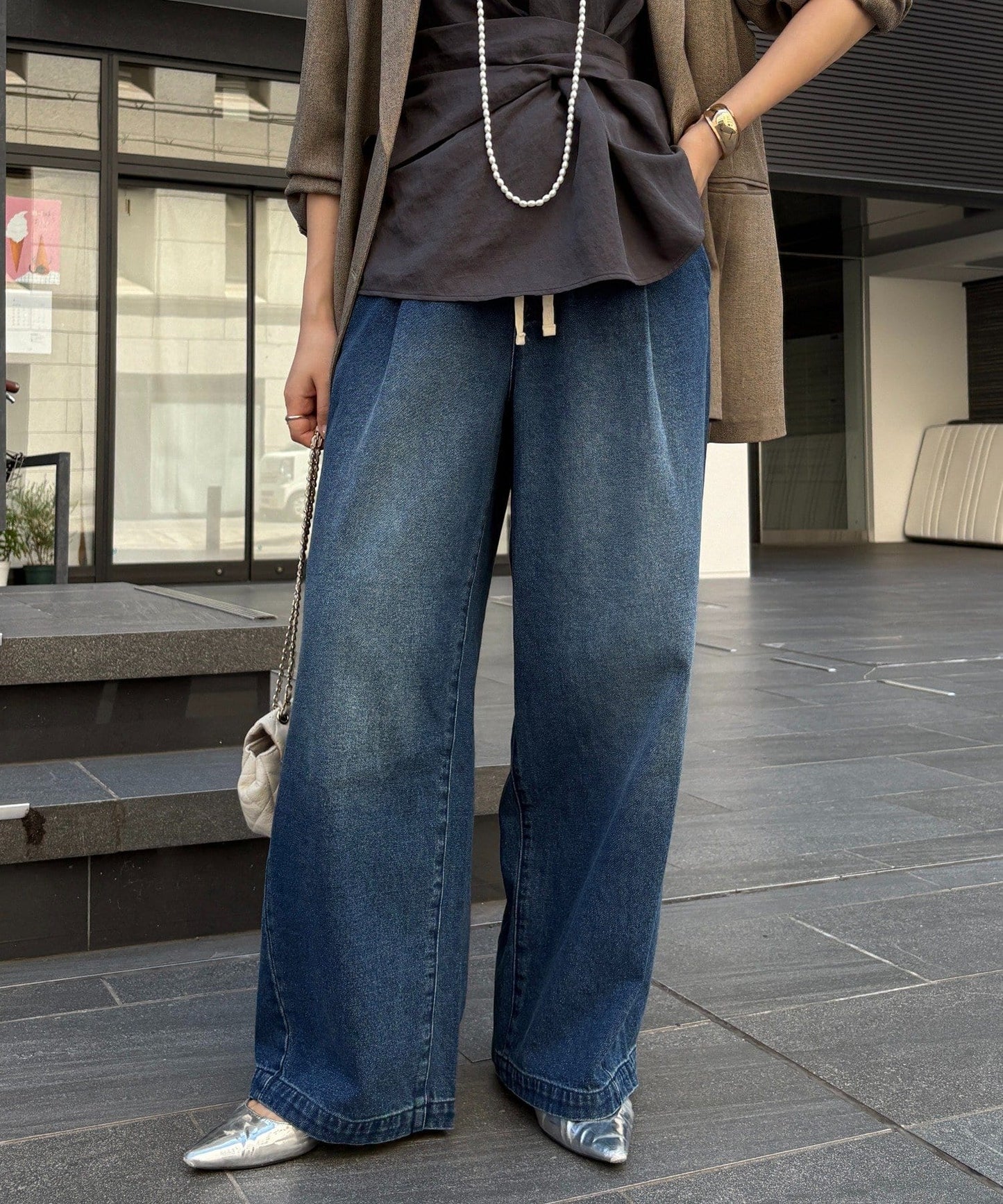 DOUDOU Denim Wide Easy Pants | Relaxed Fit with Tuck Detail & Elastic Waist