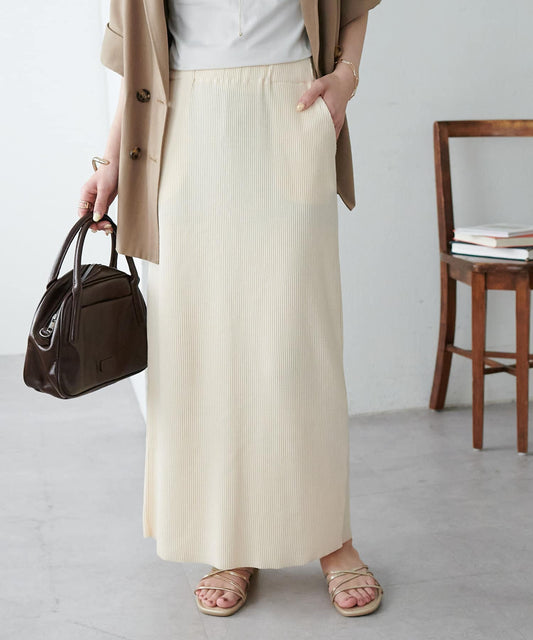 DISCOAT Rib Knit Narrow Skirt  Stretchy Slim Silhouette Skirt with Back Slit (WEB Limited)