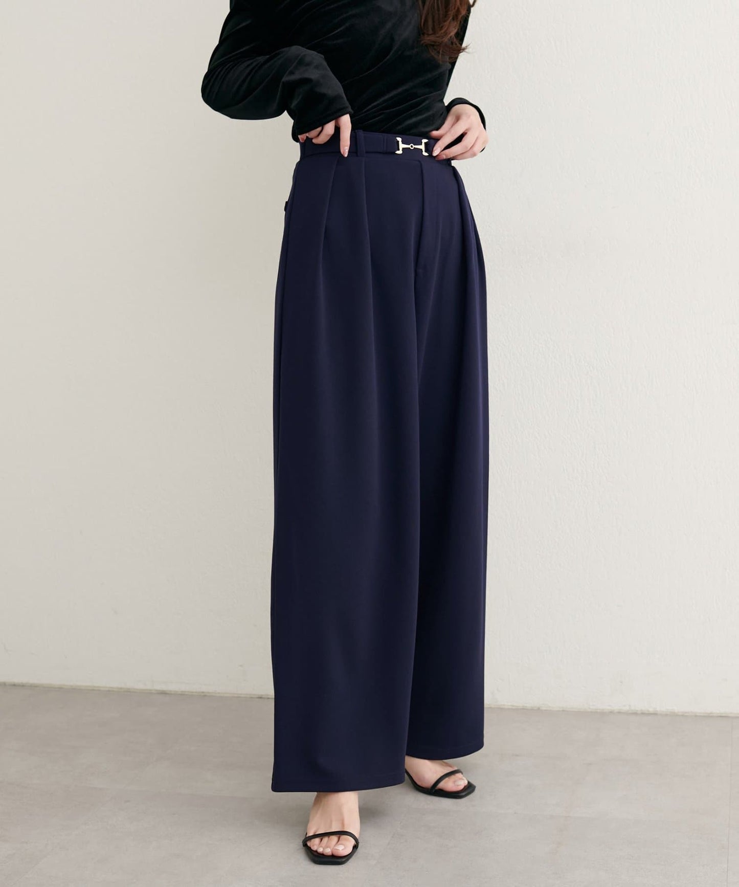 natural couture Bit Belt Stretch Pants | High-Waist Slim Straight Trousers with Gold Accent