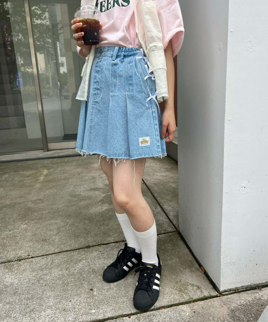 CIAOPANIC TYPY Satin Ribbon Denim Skirt  Girly Pleated Mini with Vintage Edge