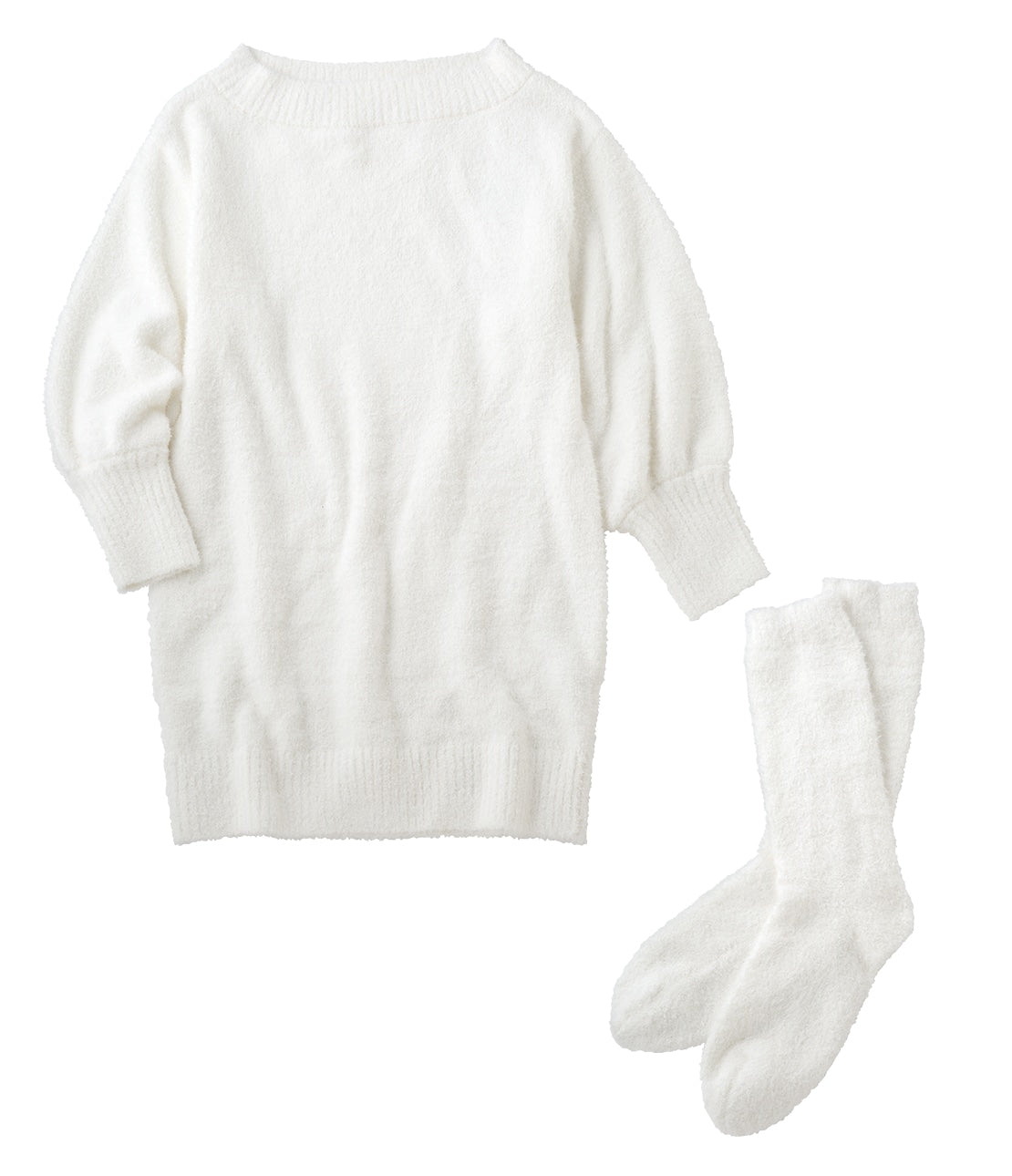 Off-Shoulder Knit Mini Dress & Socks Set  Cozy Feather Yarn Outfit for Cute Indoor Style