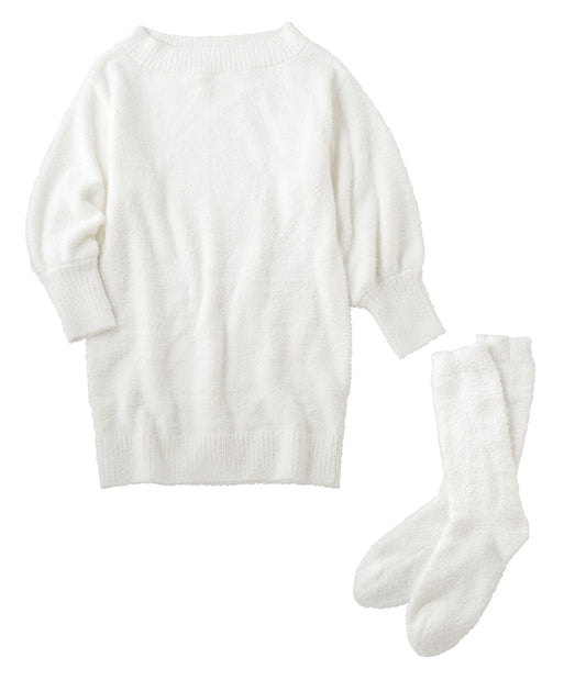 Off-Shoulder Knit Mini Dress & Socks Set  Cozy Feather Yarn Outfit for Cute Indoor Style