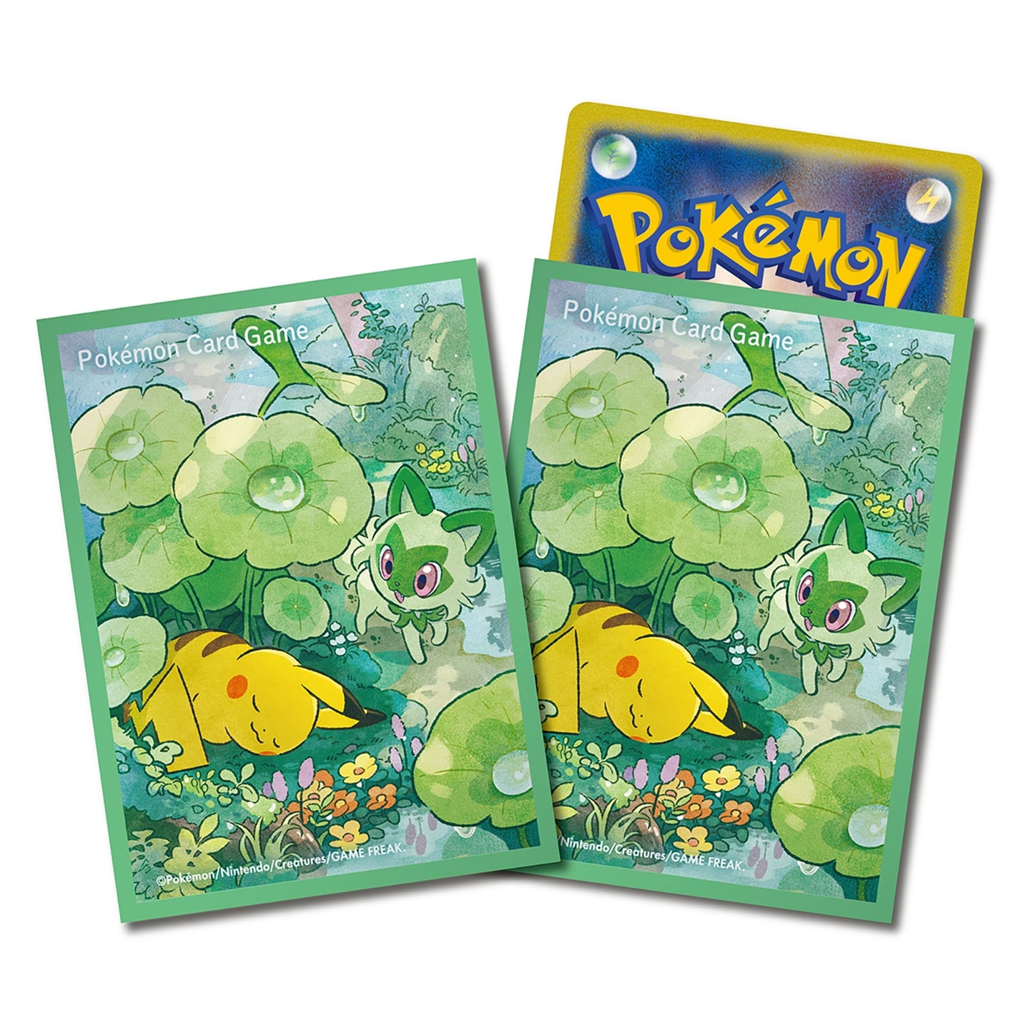 Pokémon TCG Deck Shield “Pikachu & Sprigatito [Green Edition]” | 64-Sleeve Set | Protect & Showcase Your Cards 🌿⚡