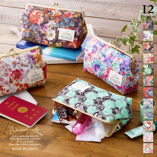 Sanrio Characters Travel Pouch with Kiss Lock | Liberty Print Botanical Flower | Hello Kitty, My Melody, Little Twin Stars | Large-Capacity Makeup & Organizer Bag