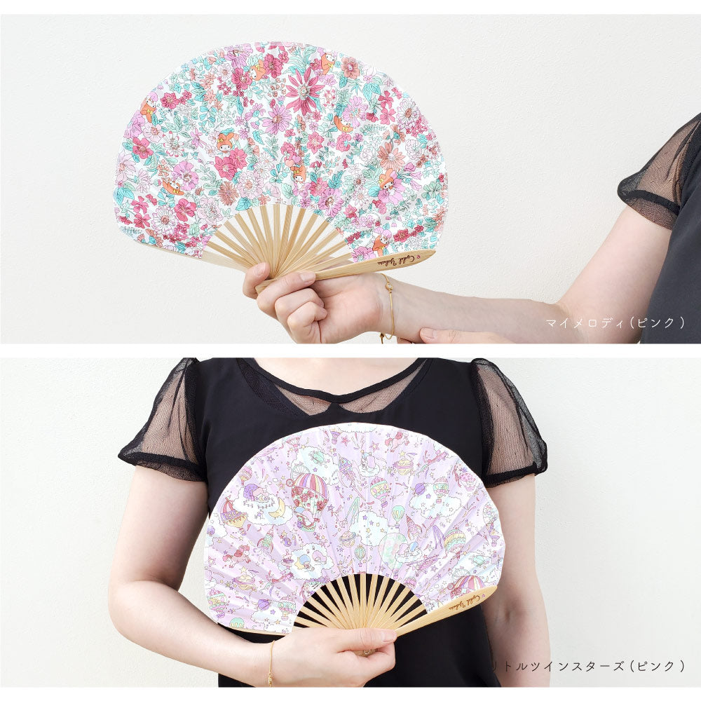 Sanrio Characters Folding Fan | Liberty Print × Hello Kitty, My Melody, Little Twin Stars | Crystal Rhinestones | Gift Box & Pouch Included